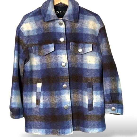 ZARA Wool Button Front Plaid Collared Shacket w/ Pockets Fully Lined US Sz S - Picture 2 of 10